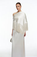 Renata Neutral One Shoulder Satin Maxi Dress with Fringe