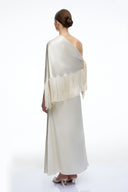 Renata Neutral One Shoulder Satin Maxi Dress with Fringe