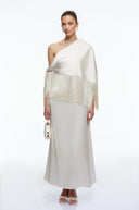 Renata Neutral One Shoulder Satin Maxi Dress with Fringe