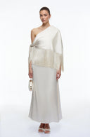 Renata Neutral One Shoulder Satin Maxi Dress with Fringe
