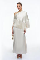 Renata Neutral One Shoulder Satin Maxi Dress with Fringe