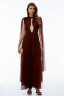 Esme Chocolate Brown Ruched Maxi Dress with Cape Sleeves