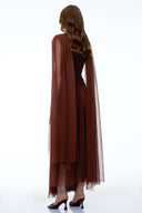 Esme Chocolate Brown Ruched Maxi Dress with Cape Sleeves