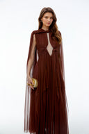 Esme Chocolate Brown Ruched Maxi Dress with Cape Sleeves
