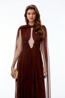 Esme Chocolate Brown Ruched Maxi Dress with Cape Sleeves