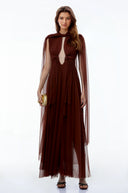 Esme Chocolate Brown Ruched Maxi Dress with Cape Sleeves