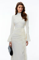 Paloma White Lace Ruched Maxi Dress with Flared Sleeves