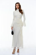 Paloma White Lace Ruched Maxi Dress with Flared Sleeves