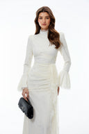 Paloma White Lace Ruched Maxi Dress with Flared Sleeves