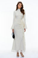 Paloma White Lace Ruched Maxi Dress with Flared Sleeves