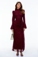 Paloma Red Lace Ruched Maxi Dress with Flared Sleeves