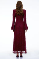 Paloma Red Lace Ruched Maxi Dress with Flared Sleeves