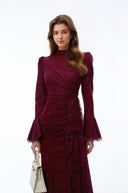 Paloma Red Lace Ruched Maxi Dress with Flared Sleeves