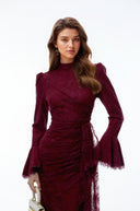 Paloma Red Lace Ruched Maxi Dress with Flared Sleeves