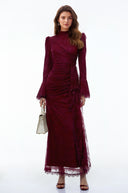 Paloma Red Lace Ruched Maxi Dress with Flared Sleeves