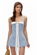 Odessa Blue Square Neck Mini Dress with Bow
