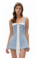 Odessa Blue Square Neck Mini Dress with Bow