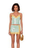 Zelda Green Sequin Top & Slit Skirt Set with Lace