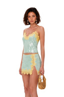 Zelda Green Sequin Top & Slit Skirt Set with Lace