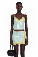 Zelda Green Sequin Top & Slit Skirt Set with Lace