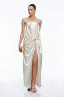 Francesca Champagne Satin Strapless Maxi Dress with Slit