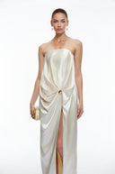 Francesca Champagne Satin Strapless Maxi Dress with Slit