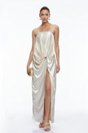 Francesca Champagne Satin Strapless Maxi Dress with Slit