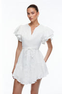Véronique White Embroidered Mini Dress with Flutter Sleeves