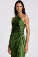 Henriette Emerald Green One Shoulder Pleated Maxi Dress