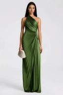 Henriette Emerald Green One Shoulder Pleated Maxi Dress