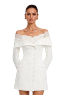 Nathalie White Off Shoulder Mini Dress with Lace Trim