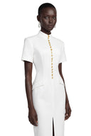 Eugénie White Stand Collar Gold Button Slit Midi Dress