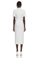 Eugénie White Stand Collar Gold Button Slit Midi Dress