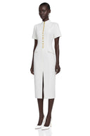 Eugénie White Stand Collar Gold Button Slit Midi Dress