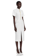 Eugénie White Stand Collar Gold Button Slit Midi Dress