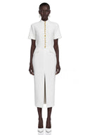 Eugénie White Stand Collar Gold Button Slit Midi Dress