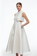 Loretta Beige Satin Midi Dress with Bow