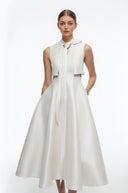 Loretta Beige Satin Midi Dress with Bow