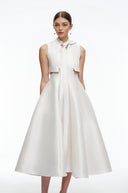 Loretta Beige Satin Midi Dress with Bow