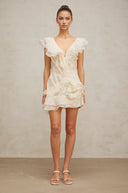 Darya V Neck Ruffle Mini Dress In Neutrals