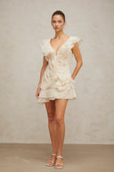 Darya V Neck Ruffle Mini Dress In Neutrals