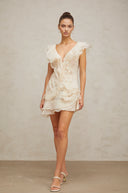 Darya V Neck Ruffle Mini Dress In Neutrals