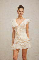 Darya V Neck Ruffle Mini Dress In Neutrals