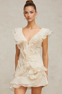Darya V Neck Ruffle Mini Dress In Neutrals