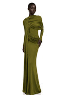 Evelis Green Asymmetrical Ruched Maxi Dress