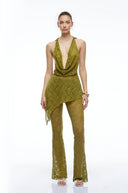 Eira Olive Green Lace Halterneck Top & Flared Trousers Set