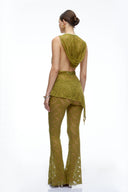 Eira Olive Green Lace Halterneck Top & Flared Trousers Set