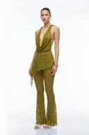 Eira Olive Green Lace Halterneck Top & Flared Trousers Set