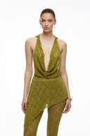 Eira Olive Green Lace Halterneck Top & Flared Trousers Set