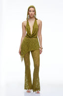 Eira Olive Green Lace Halterneck Top & Flared Trousers Set